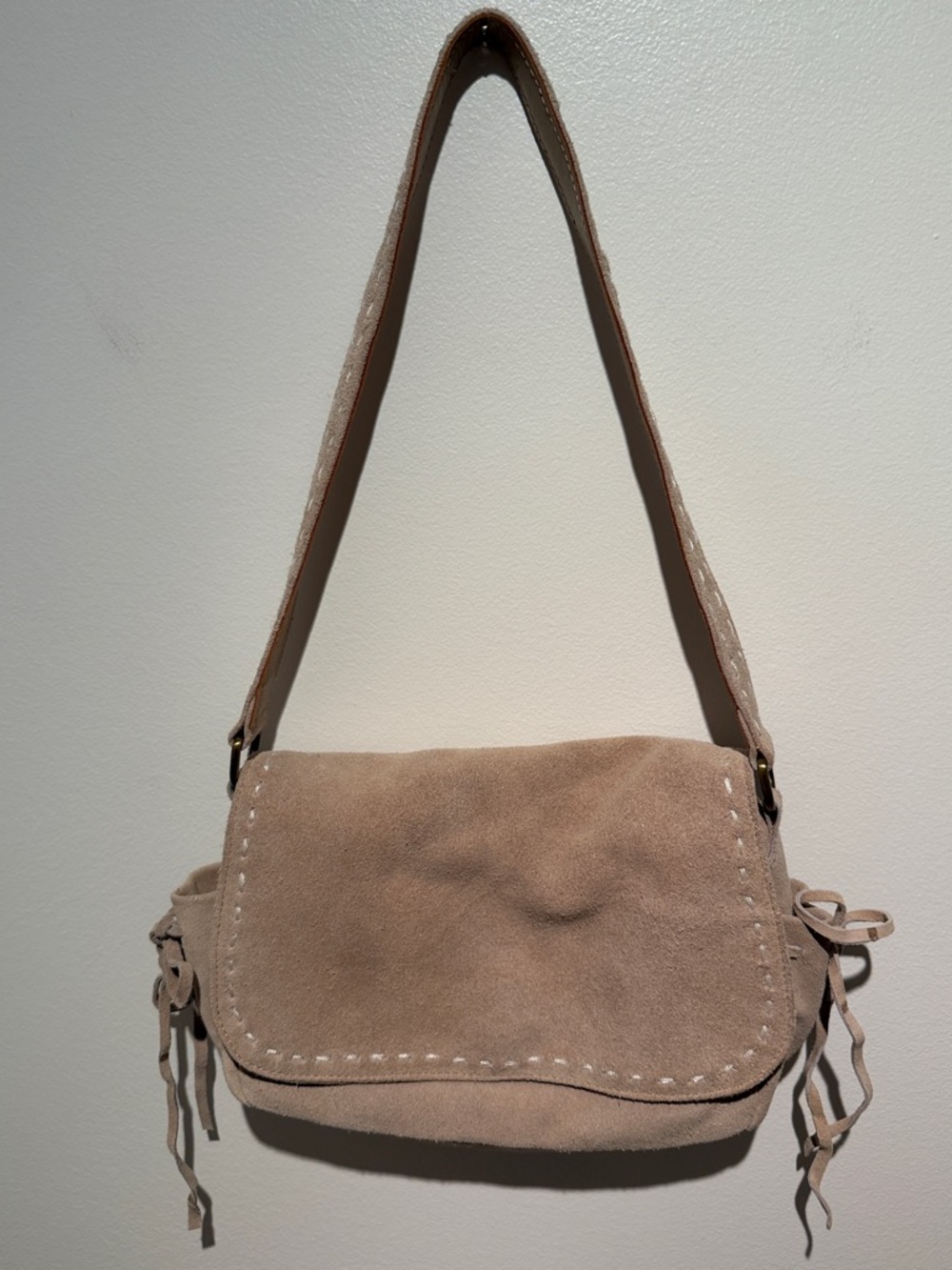 Neutral Taupe Suede Shoulder Bag with Stitch Detail